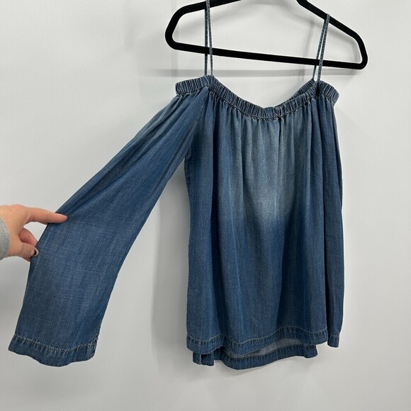 CLOTH & STONE Blue Chambray Off The Shoulder Strap Boxy Long Sleeve Top Size XS - Picture 4 of 7